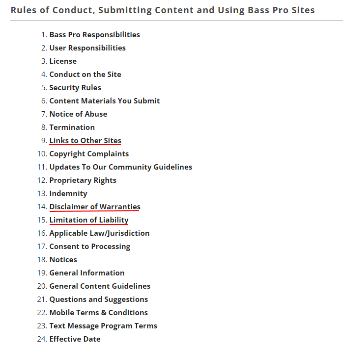 Cabelas Terms of Use and Community Guidelines Table of Contents with disclaimer sections highlighted