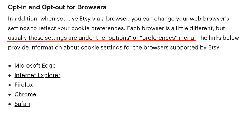 Etsy Cookies and Similar Technologies Policy: Opt-in and Opt-out for Browsers clause