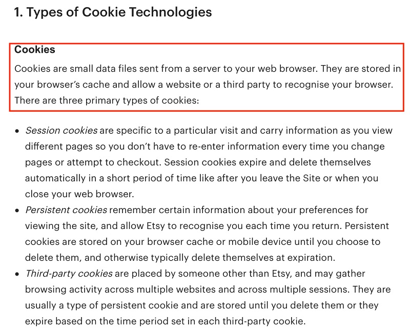 Etsy Cookies and Similar Technologies Policy: Types of Cookie Technologies clause - Intro section