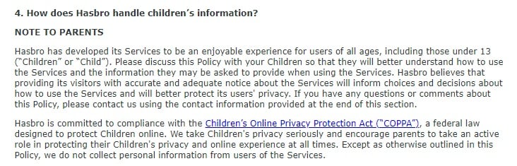 Hasbro Privacy Policy: How does Hasbro handle children's information clause excerpt