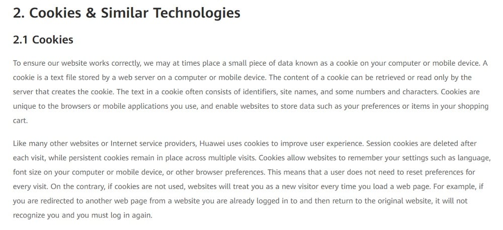 Huawei Privacy Policy: Cookies and Similar Technologies clause excerpt