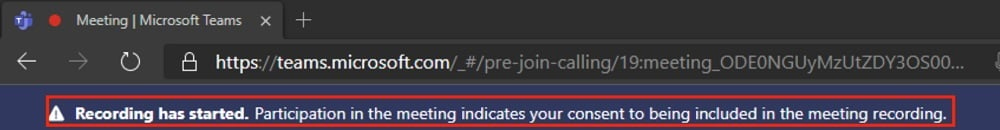 Joanne Klein Microsoft Teams Meeting article: Screenshot of example of recording started and participation is consent notice