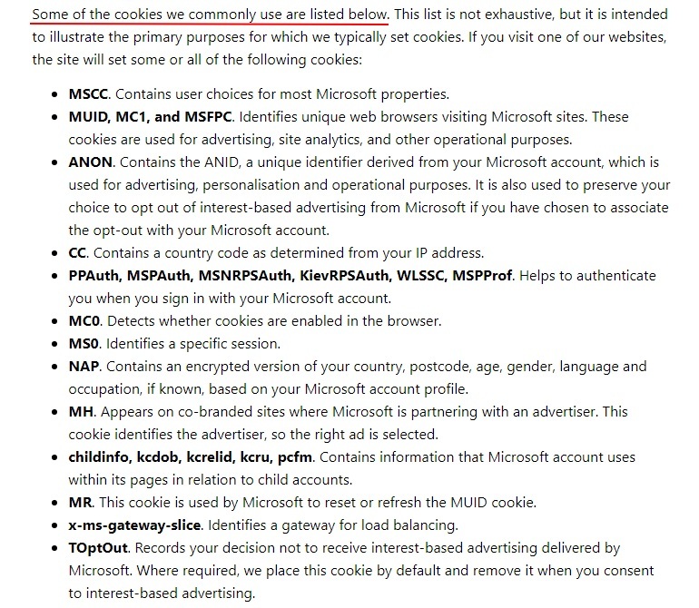 Microsoft Privacy Statement: Cookies and Similar Technologies clause
