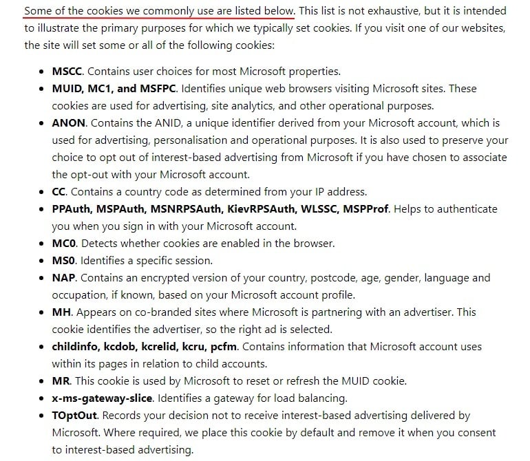 Microsoft Privacy Statement: Cookies and Similar Technologies clause