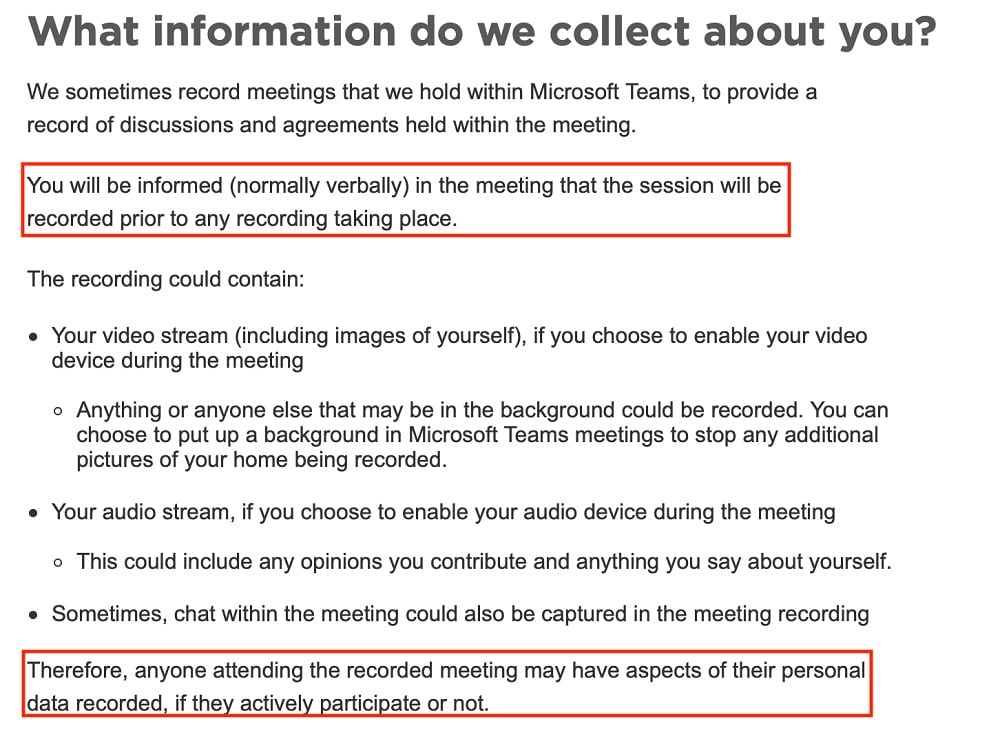 Natural Resources Wales Meeting Recording Privacy Notice: What information do we collect about you clause