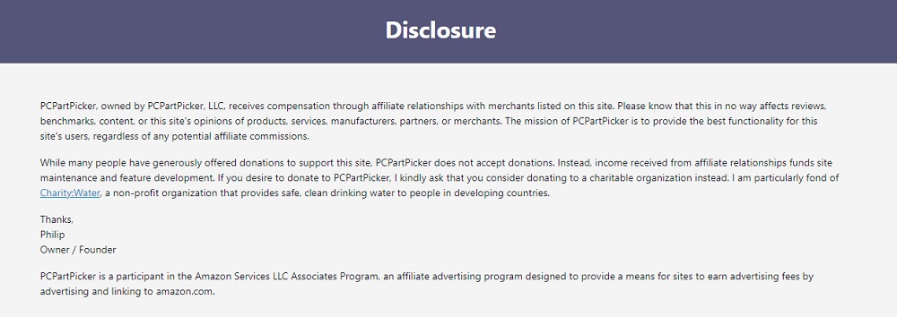 PCPartPicker - Affiliate disclosure