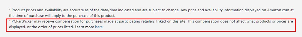 PCPartPicker product page affiliate disclosure highlighted