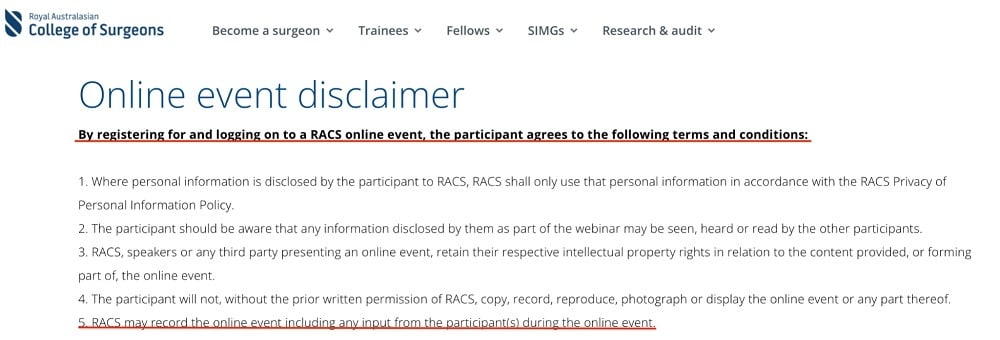 RACS Online Event Disclaimer with meeting recording section highlighted
