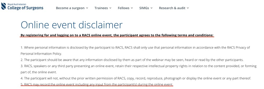 RACS Online Event Disclaimer with meeting recording section highlighted