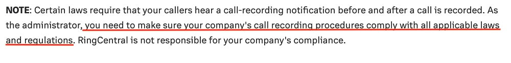 RingCentral: Configure Automatic Call Recording - Note about complying with applicable laws