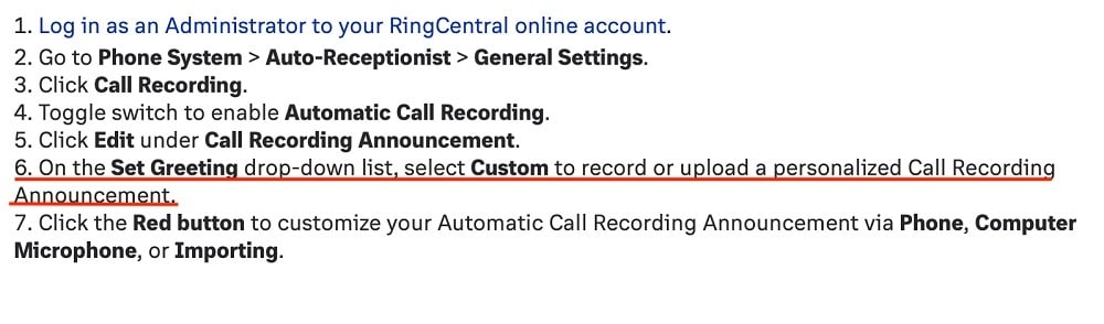 RingCentral: How to Customize Automatic Call Recording Announcements instructions