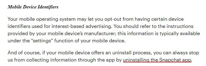 Snap Cookie Policy: Mobile Device Identifiers clause