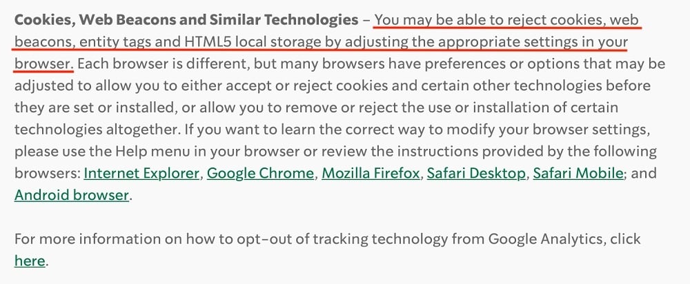 Starbucks Privacy Policy: Your Choices clause - Cookies Web Beacons and Similar Technologies section