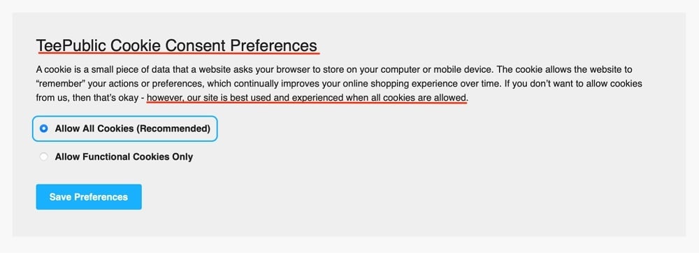 Teepublic Privacy Policy: Cookie Consent Preferences interface