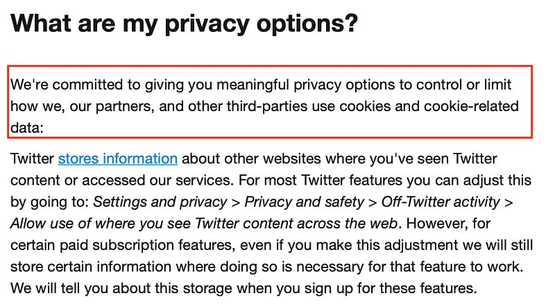 Twitter Help Center: How are cookies used - Privacy Options section excerpt