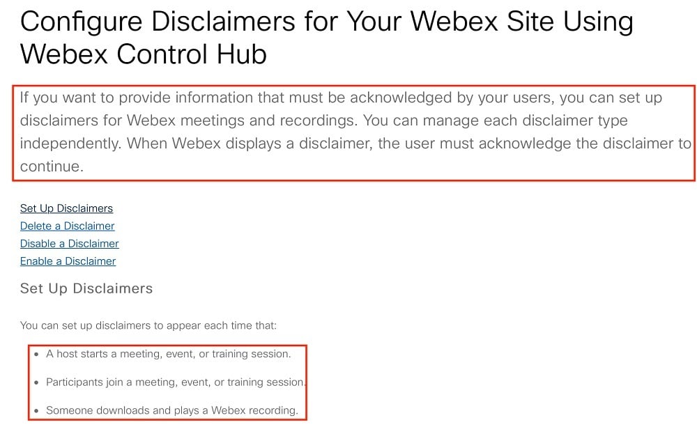 Webex Configure Disclaimers for Your Webex Site Using Webex Control Hub: Set up disclaimers section