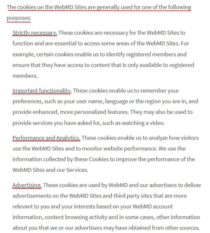 WebMD Cookie Policy: Types of Cookies and Uses clause excerpt