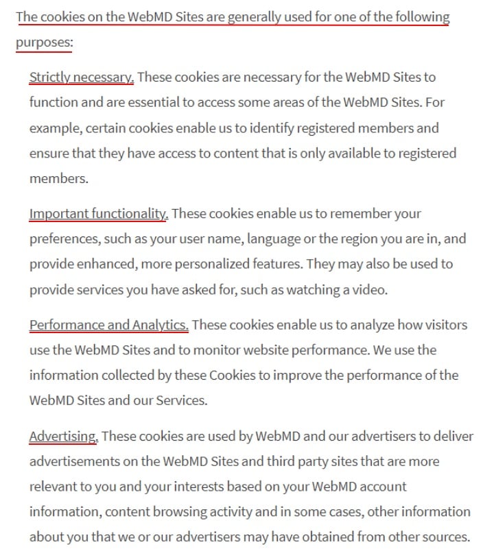 WebMD Cookie Policy: Types of Cookies and Uses clause excerpt