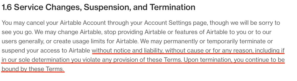Airtable Terms of Service: Service Changes Suspension and Termination clause