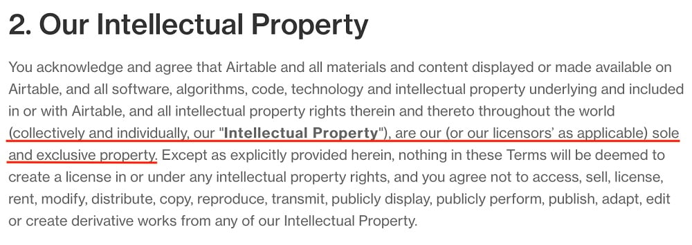 Airtable Terms of Service: Our Intellectual Property clause