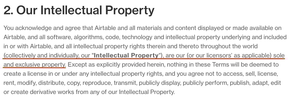 Airtable Terms of Service: Our Intellectual Property clause