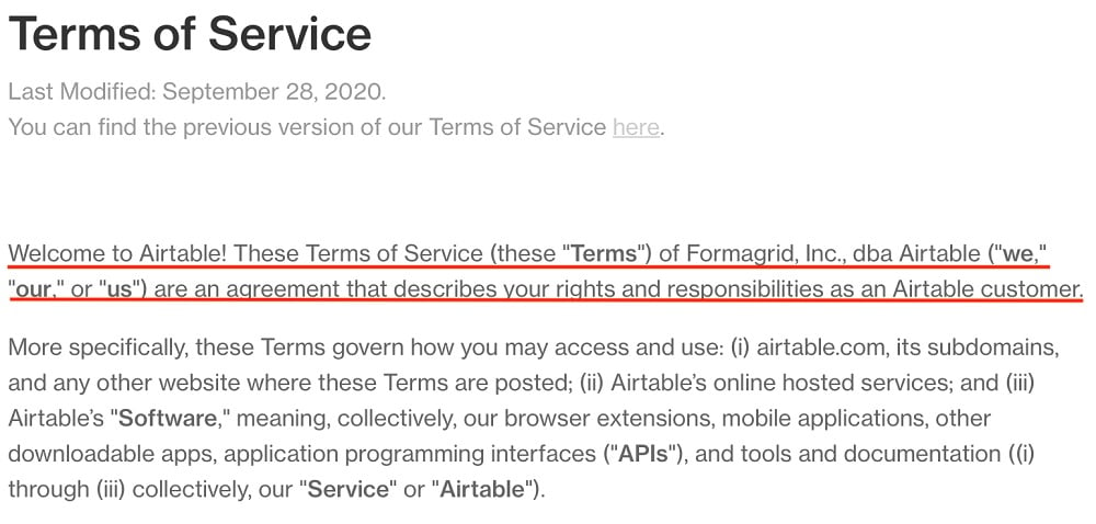 Airtable Terms of Service: Intro clause