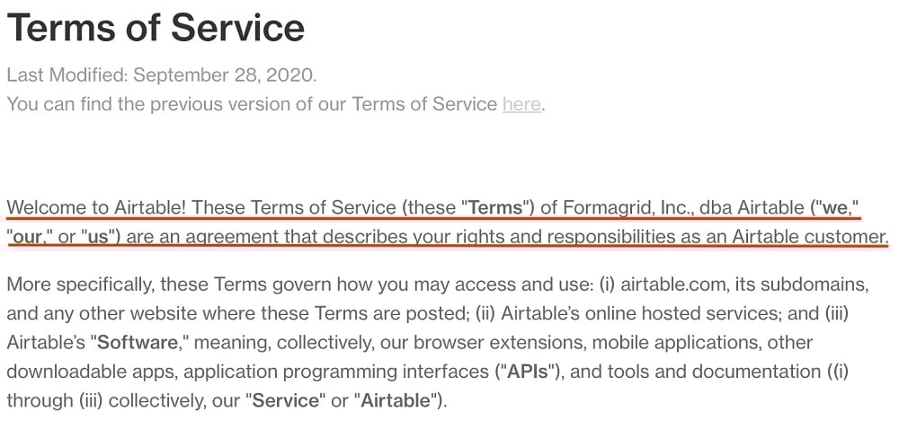 Airtable Terms of Service: Intro clause