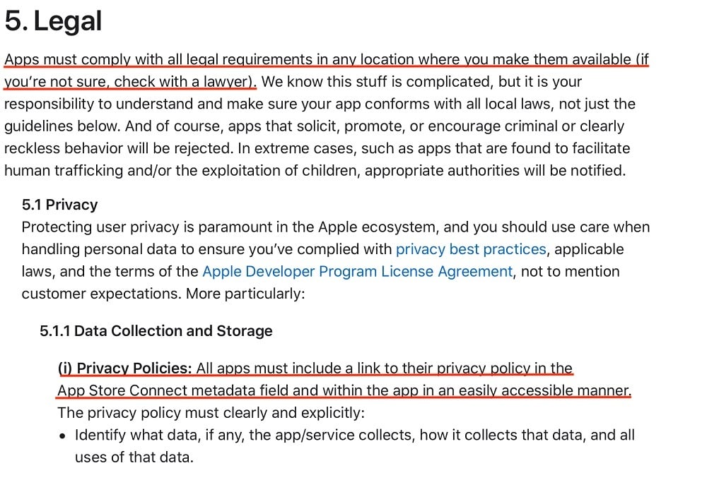 Apple App Store Review Guidelines: Legal clause - Data Collection and Storage - Privacy Policy section