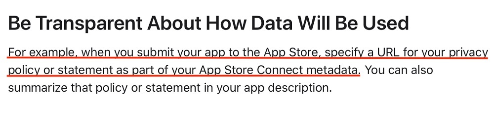 Apple article: Protecting the User's Privacy - Be Transparent About How Data Will Be Used section
