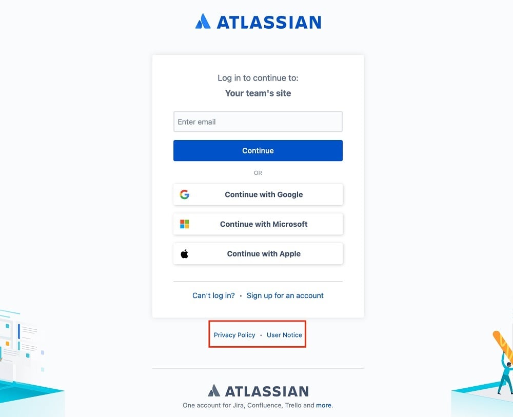 Atlassian Sign up page with Privacy Policy and User Notice links highlighted