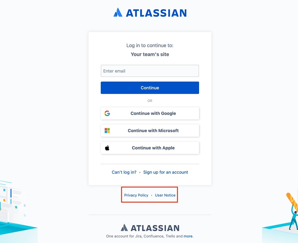 Atlassian Sign up page with Privacy Policy and User Notice links highlighted