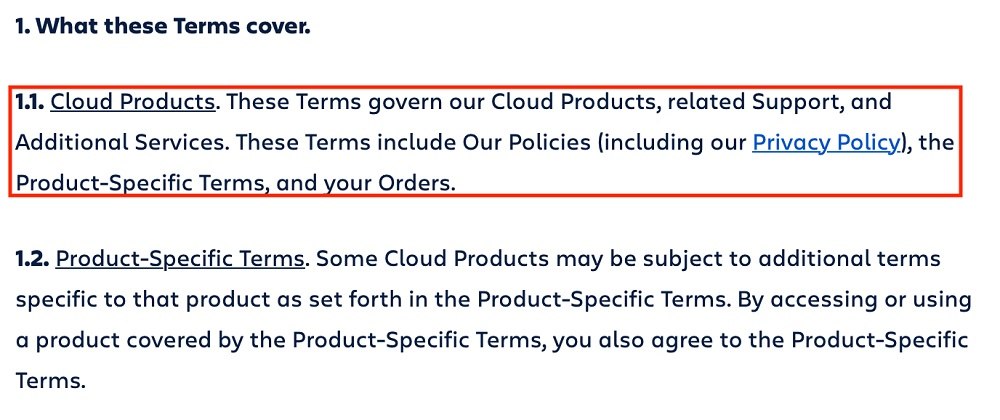 Atlassian Terms of Service: What these Terms cover clause excerpt