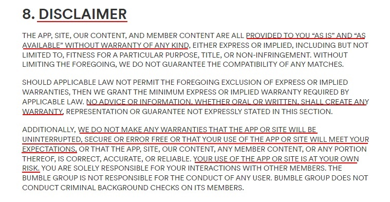 Bumble Terms and Conditions: Disclaimer clause