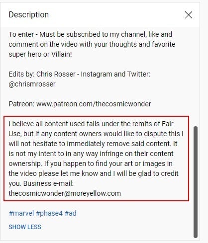 Cosmic Wonder YouTube video description with Fair Use Disclaimer highlighted
