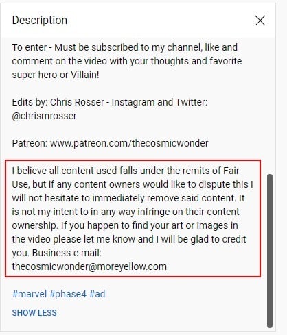 Cosmic Wonder YouTube video description with Fair Use Disclaimer highlighted