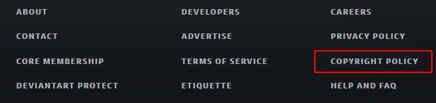 DeviantArt website footer with Copyright Policy link highlighted