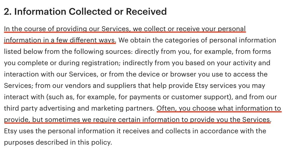Etsy Privacy Policy: Information Collected or Received clause