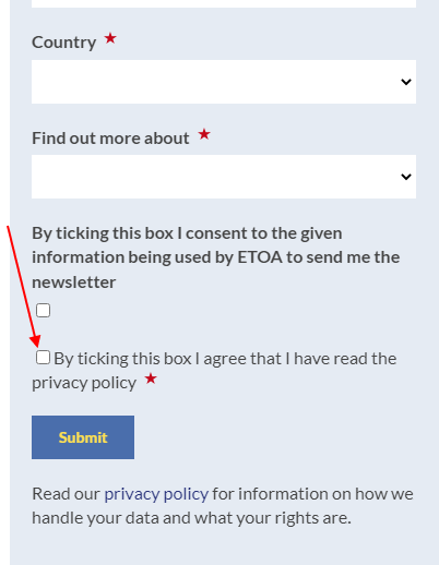 European Tour Operators Association contact form with checkbox highlighted