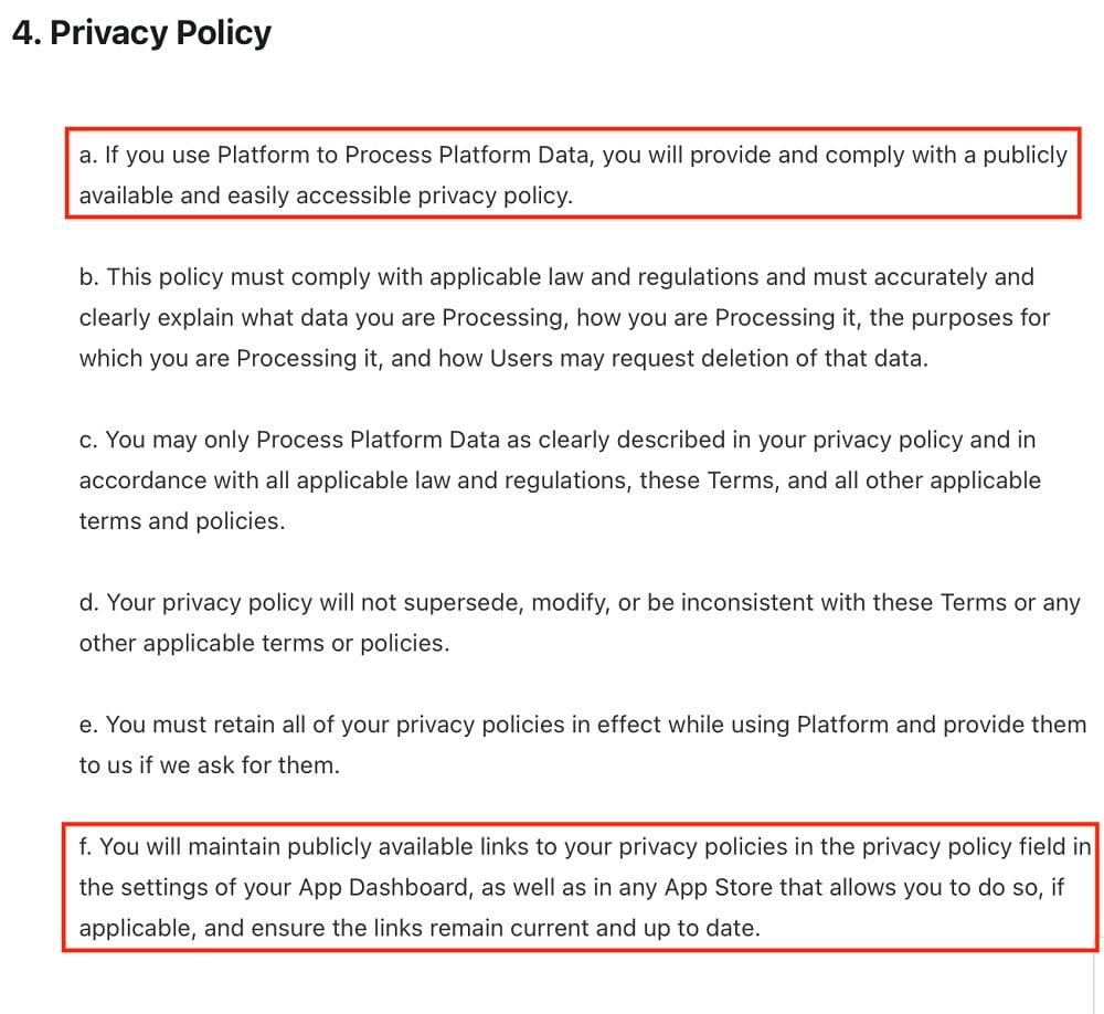 Facebook for Developers: Platform Terms - Privacy Policy section