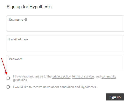 Hypothesis sign-up form with I Agree checkbox highlighted