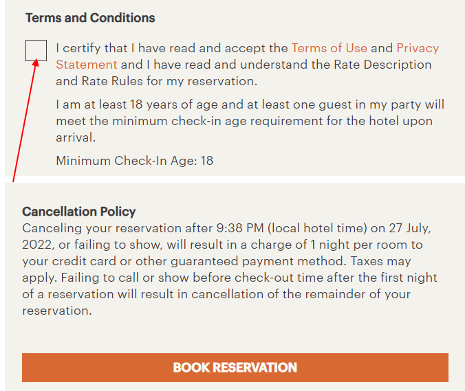 IHG Hotels checkout form with I Agree checkbox highlighted