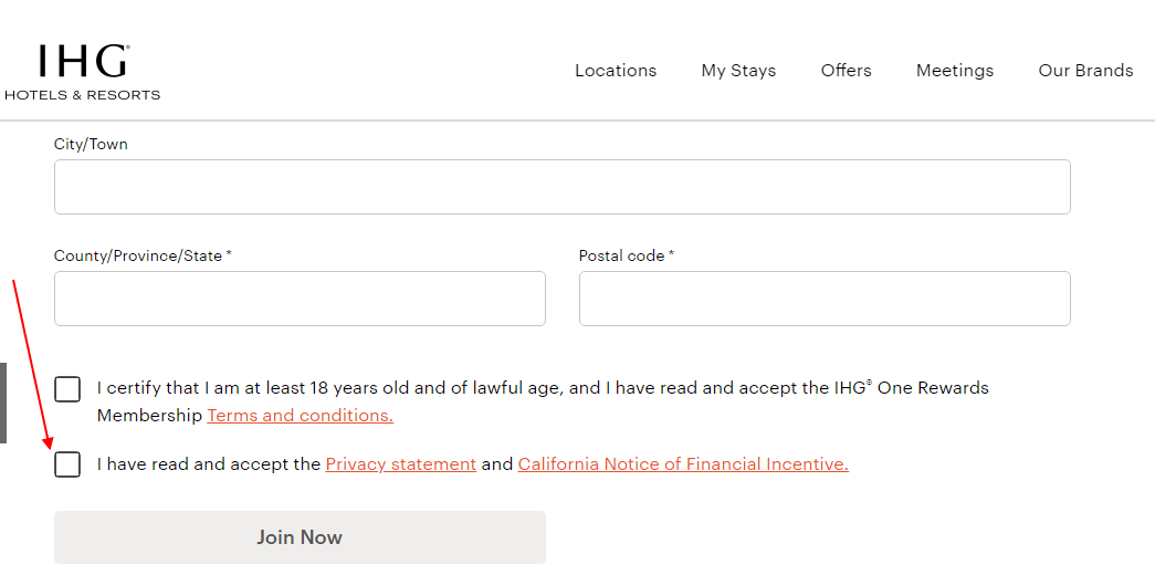 IHG Hotels Join Rewards Club form with I Agree to Privacy Policy checkbox highlighted