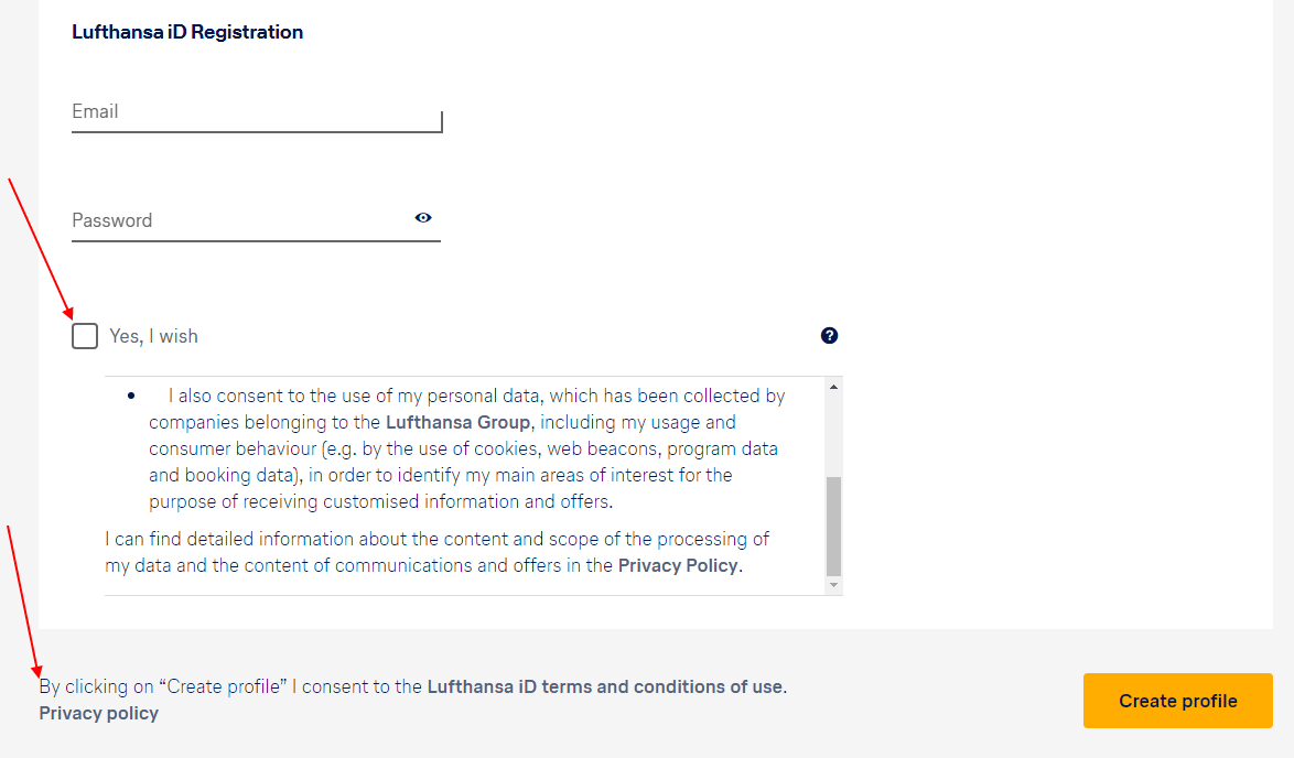 Lufthansa Create Account form with I Agree checkbox highlighted