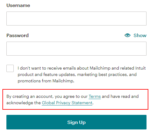 Mailchimp sign-up form with browsewrap highlighted