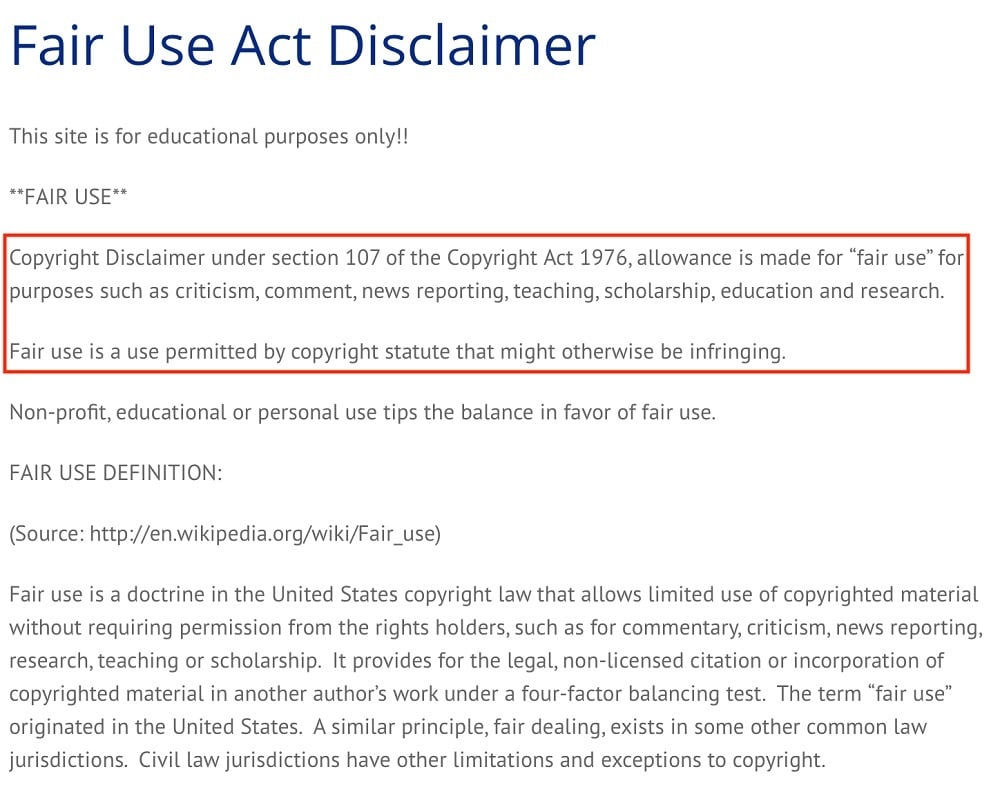 Multiple Chronic Conditions Fair Use Act Disclaimer excerpt - Definition of fair use