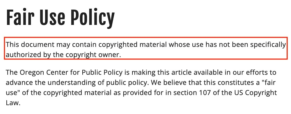 Oregon Center for Public Policy: Fair Use Policy