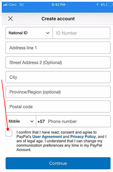 PayPal mobile app Create Account screen with agree checkbox highlighted