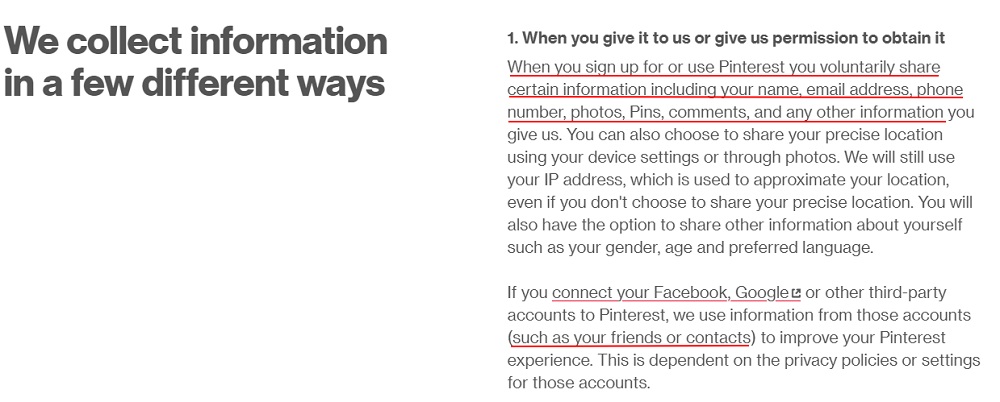 Pinterest Privacy Policy: We Collect Information clause - Voluntarily collected section