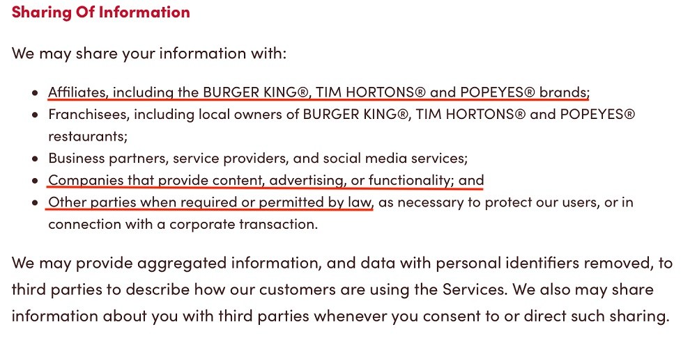 Tim Hortons Privacy Policy: Sharing of Information clause