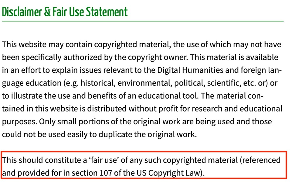 University of Texas Digital Languages Symposium Disclaimer and Fair Use Statement excerpt
